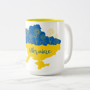 Caneca De Café Em Dois Tons Mapa da Ucrânia com girassol e bandeira ucraniana