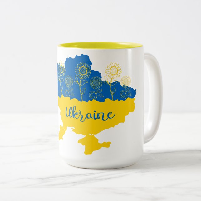 Caneca De Café Em Dois Tons Mapa da Ucrânia com girassol e bandeira ucraniana (Frente Esquerda)
