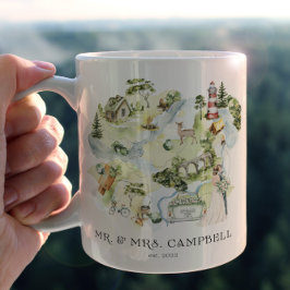 Caneca De Café Em Dois Tons Mapa de Casamento de Aquarela | Monograma de nova