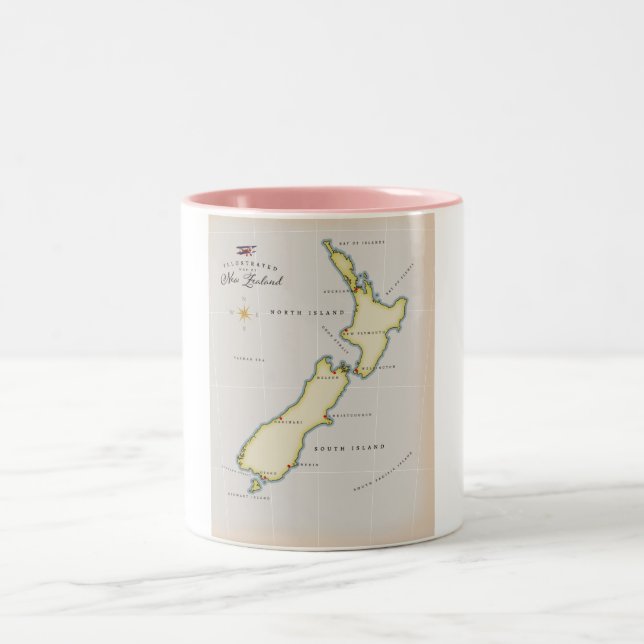 Caneca De Café Em Dois Tons Mapa ilustrado da Nova Zelândia (Centro)