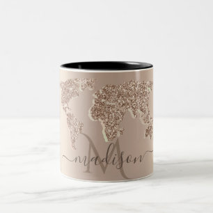 Caneca De Café Em Dois Tons Mapa Mundial de Viagem Monograma Brilhante