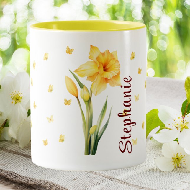 Caneca De Café Em Dois Tons Março Daffodil Nascimento Mês Flor Floral (Criador carregado)