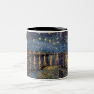 Caneca De Café Em Dois Tons Margem do Rio Ródano Vista Noturna Estrelada