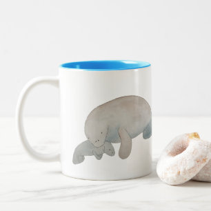 Caneca De Café Em Dois Tons Marine Mammal Watercolor Mãe Bebê Manatee
