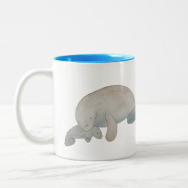Caneca De Café Em Dois Tons Marine Mammal Watercolor Mãe Bebê Manatee