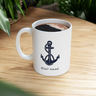 Caneca De Café Em Dois Tons Marinho Azul Ancoragem Náutica Nome do Barco Perso
