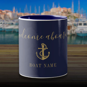 Caneca De Café Em Dois Tons Marinho Azul Dourado Boas-vindas a bordo Nome Náut