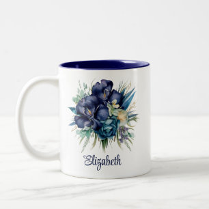 Caneca De Café Em Dois Tons Marinho Azul e Teal Floral Nome Personalizado Mug