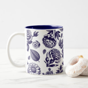 Caneca De Café Em Dois Tons Marinho Blue Floral Vintage