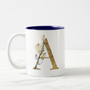 Caneca De Café Em Dois Tons Marinho Floral Dourado Azul Deixa Monograma Person