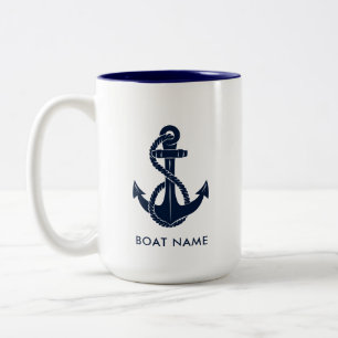 Caneca De Café Em Dois Tons Marinho Náutico Nome de Barco Azul Ancorado Person