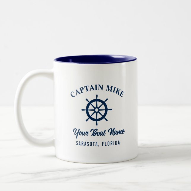Caneca De Café Em Dois Tons Marinho Simples Azul Nome Personalizado do Capitão (Esquerda)