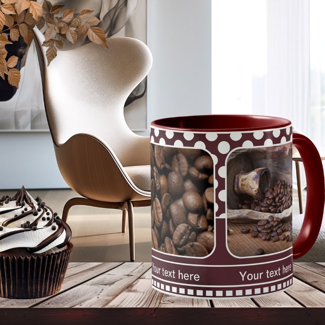 Caneca De Café Em Dois Tons Maroon Personalizado Fotografia Foto Coffee Mug (Photo mug with a coffee theme or your own favorite photos on retro chocolate polka dots)