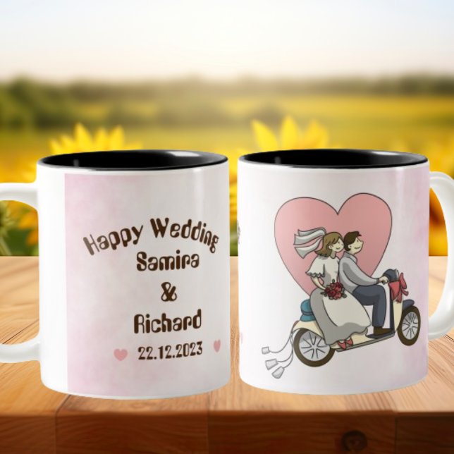 Caneca De Café Em Dois Tons Mata de Casamento Feliz, Rosa e Branca, Ilustrada (Criador carregado)