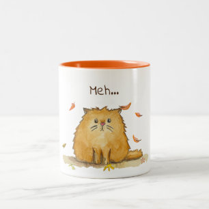 Caneca De Café Em Dois Tons Meh…/gato triste da aguarela com folhas de outon