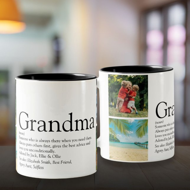 Caneca De Café Em Dois Tons Melhor Avó, Vovó Definição 4 Colagem Fotográfica (Best Grandma, Granny Definition 4 Photo Collage Two-Tone Coffee Mug)