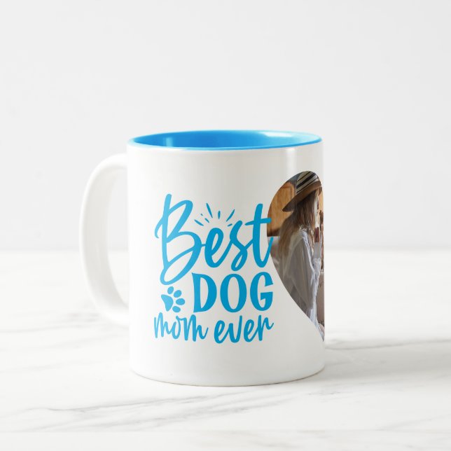 Caneca De Café Em Dois Tons Melhor Cão Mãe Nome Pet Foto Azul (Frente Esquerda)