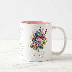 Caneca De Café Em Dois Tons Memória de Buquê Floral Católica Oração Rosária