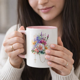 Caneca De Café Em Dois Tons Memória de Buquê Floral Católica Oração Rosária