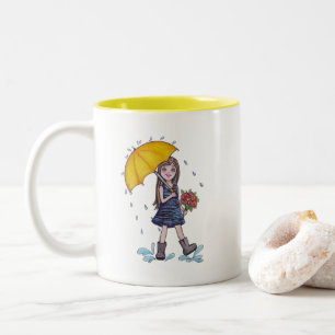 Caneca De Café Em Dois Tons Menina Com Guarda-Chuva Amarelo Em Aquarela