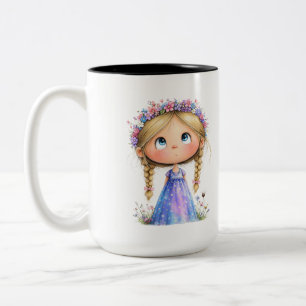 Caneca De Café Em Dois Tons Menina da Coroa de Flores Caprichosa Arte Infantil
