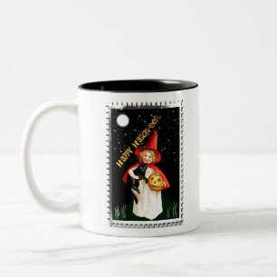 Caneca De Café Em Dois Tons Menina Nostálgica, Jack-o’-lantern e Gato