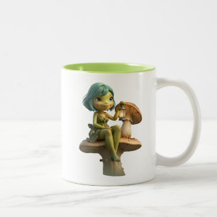 Caneca De Café Em Dois Tons Menina Sapo Fofa com Lanterna no Cogumelo