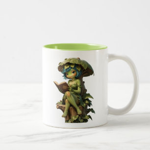 Caneca De Café Em Dois Tons Menina Sapo Fofa Lendo Livro Sob Folha