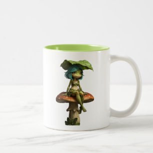 Caneca De Café Em Dois Tons Menina Sapo Fofa Sentada no Cogumelo