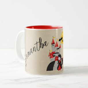 Caneca De Café Em Dois Tons Menina Vampira Fofa e Castelo Assombrado Halloween