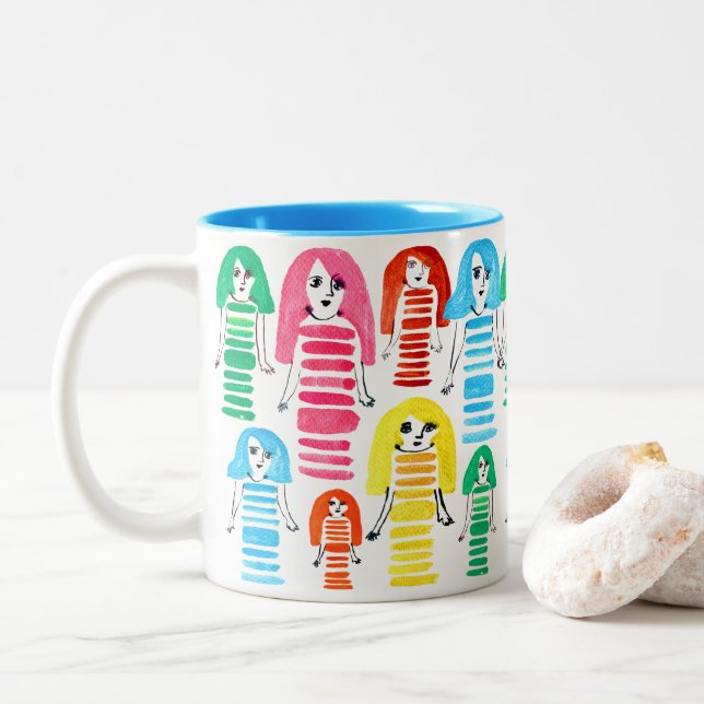 Caneca De Café Em Dois Tons Meninas de aquarela fofa arte moderna (Com Donut)
