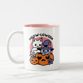Caneca De Café Em Dois Tons Meow-Loween - Design de Gato de Halloween
