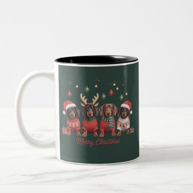 Caneca De Café Em Dois Tons Merry Christmas Santa Reindeer Dachshund Weiner  (Esquerda)