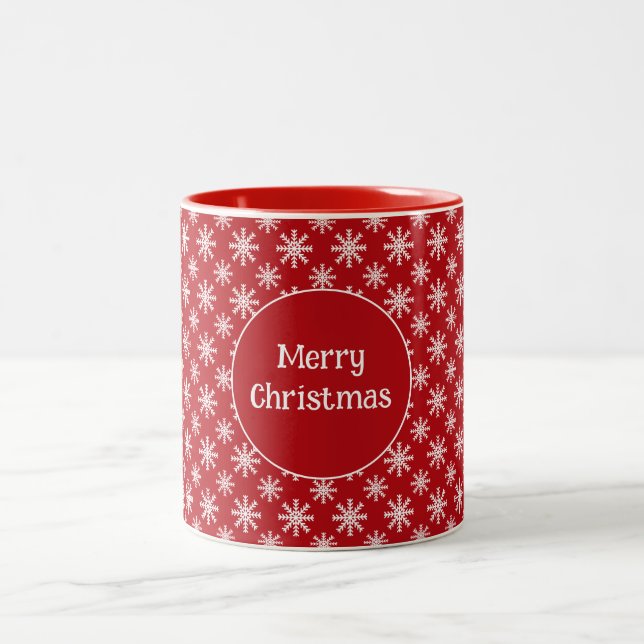 Caneca De Café Em Dois Tons Merry Christmas  Snowflakes Red White Custom  Mug (Centro)
