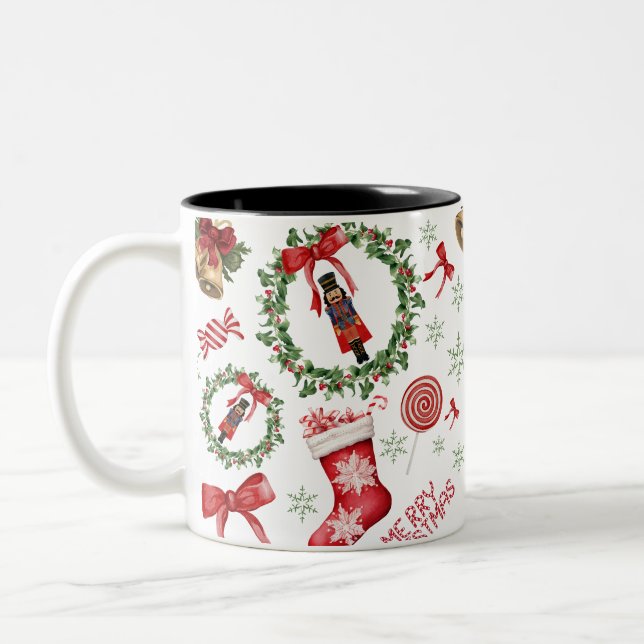 Caneca De Café Em Dois Tons Merry Christmas Wreath Stockings Candy Arco Mug (Esquerda)