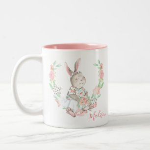 Caneca De Café Em Dois Tons Modern Girly Watercolor Floral Bunny Rabbit