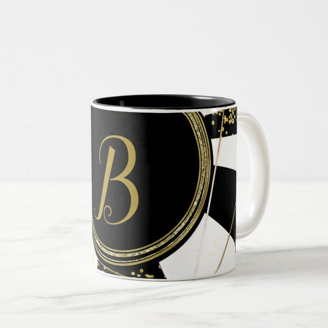 Caneca De Café Em Dois Tons Modern Glam Deco Black White Dourado Girly Unique (Frente Esquerda)