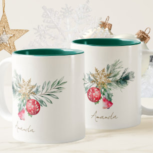 Caneca De Café Em Dois Tons Modern Watercolor Red Foliage Name Merry Christmas