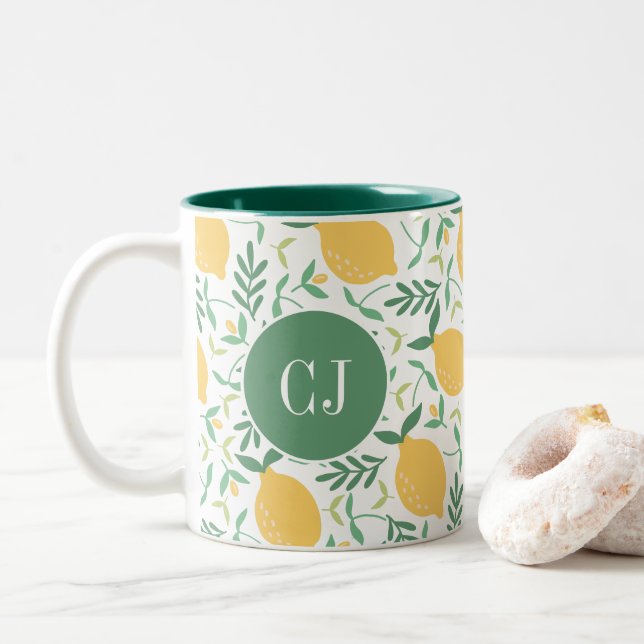 Caneca De Café Em Dois Tons Moderno Limão Citrus Amarelo Verde Deixa Monograma (Com Donut)