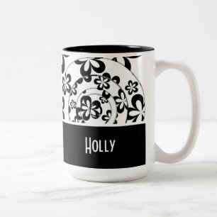 Caneca De Café Em Dois Tons Moderno preto e branco personalizado, anéis e flor