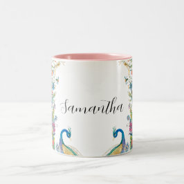 Caneca De Café Em Dois Tons Moldura de peacocks com flores a aquarela