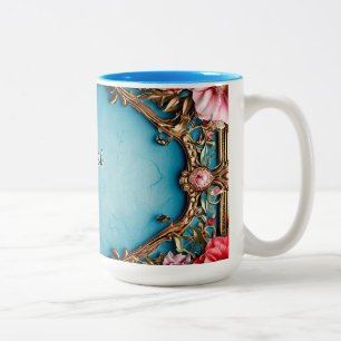 Caneca De Café Em Dois Tons Moldura Floral Elegante com Desenho Dourado