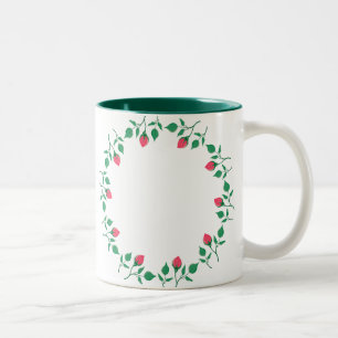 Caneca De Café Em Dois Tons Moldura redonda floreada com flores rosa cor-de-ro