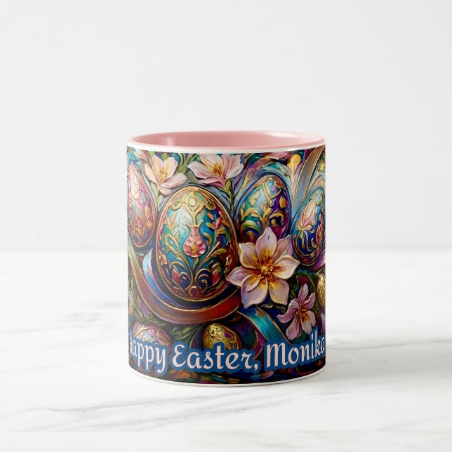 Caneca De Café Em Dois Tons ~ MONIKA ~ FELIZ PÁSCOA ~ Ovos flores ~  (Centro)