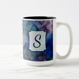 Caneca De Café Em Dois Tons Monograma, Abstrato de Aquarela Colorida com Ouros