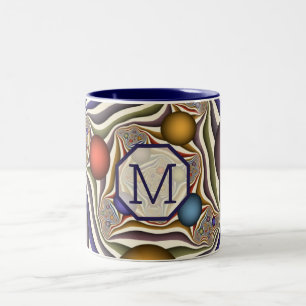 Caneca De Café Em Dois Tons Monograma Abstrato Fractal Moderno Colorido Voador