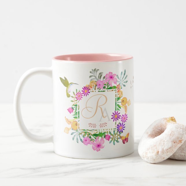 Caneca De Café Em Dois Tons Monograma Branco Floral (Com Donut)