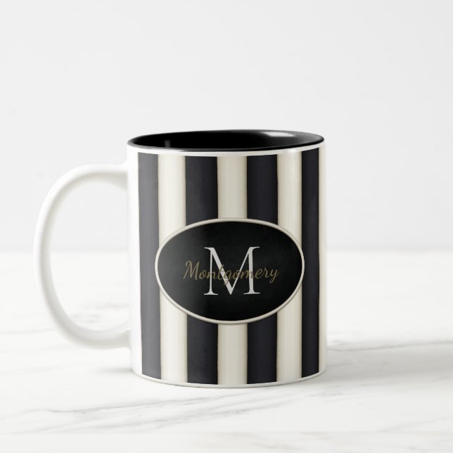 Caneca De Café Em Dois Tons Monograma com Moldura Oval em Estrias Brancas Pret (Esquerda)