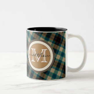Caneca De Café Em Dois Tons Monograma da xadrez de Brown azul