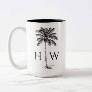 Caneca De Café Em Dois Tons Monograma de árvore de palmeira palmeira preta e b